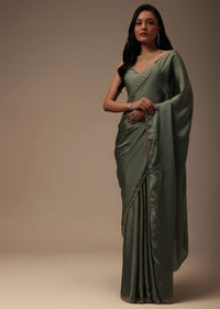 Moss Green Satin Saree With Cut Dana Work