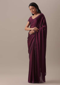 Purple Bead Embellished Saree In Satin
