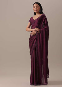 Purple Bead Embellished Saree In Satin