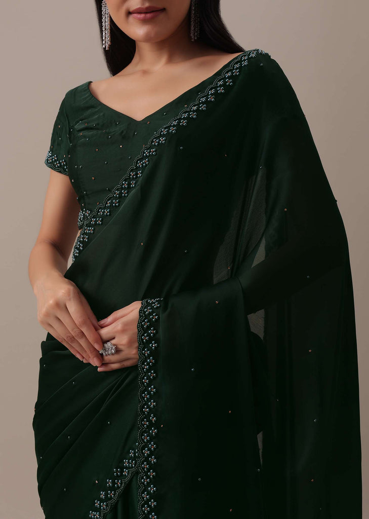 Green Bead Embellished Satin Saree