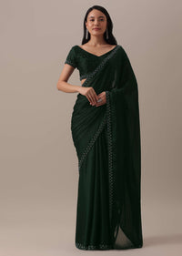 Green Bead Embellished Satin Saree