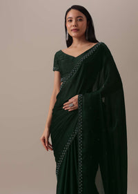 Green Bead Embellished Satin Saree