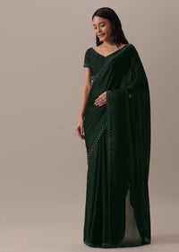 Green Bead Embellished Satin Saree