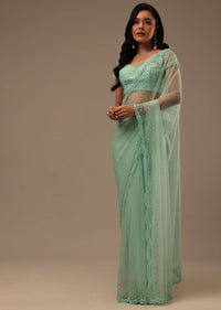 Light Green Stone And Beads Embellished Net Saree