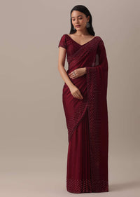 Red Bead Embellished Saree In Satin