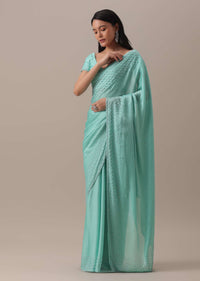 Green Stone And Bead Embellished Saree In Satin
