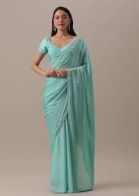 Green Stone And Bead Embellished Saree In Satin