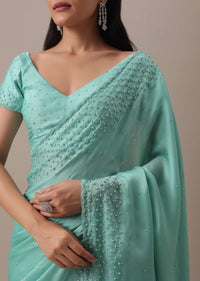 Green Stone And Bead Embellished Saree In Satin