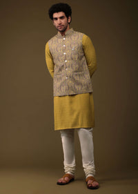 Ocher Yellow Jacket Kurta Set In Art Silk With Bead Work And Printed Pattern