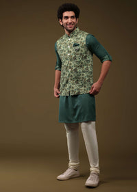 Olive Green Art Silk Jacket Kurta Set With Floral Print