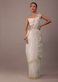 Pearl White Organza Saree With Cut Dana Embroidery