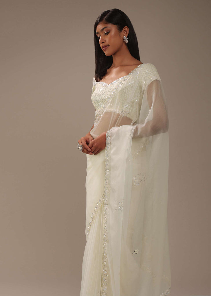 Daisy White Organza Saree With Mirror And Cut Dana Embroiderey