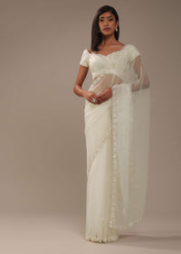 Daisy White Organza Saree With Mirror And Cut Dana Embroiderey