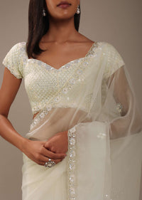 Daisy White Organza Saree With Mirror And Cut Dana Embroiderey