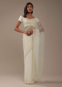 Daisy White Organza Saree With Mirror And Cut Dana Embroiderey