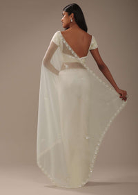 Daisy White Organza Saree With Mirror And Cut Dana Embroiderey