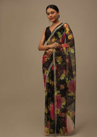 Black Embroidered Saree In Organza With Vibrant Floral Print