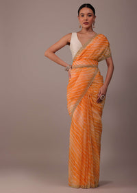 Carrot Orange Printed Leheriya Saree In Organza