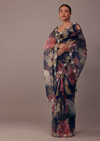 Navy blue Floral Printed Saree In Organza With Cut Dana Embroidery