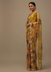 Mustard Yellow Embroidered Saree In Organza With Vibrant Floral Print