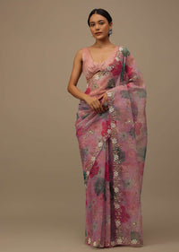 Petal Pink Organza Saree With Vibrant Floral Print And Cutdana Work