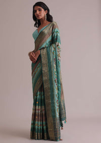 Light Green Resham 3D Bud Embroidered Saree With Brocade And Thread Work In Crepe