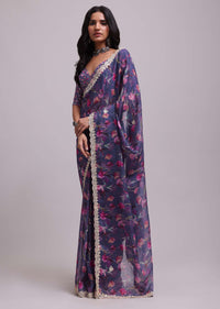 Mauve Purple Muslin Saree With Floral Print And Gota Patti Work