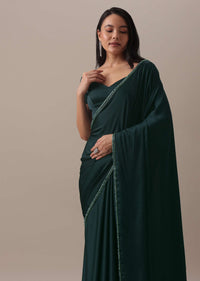 Teal Green Plain Saree And Stitched Blouse With Cut Dana Lace In Satin
