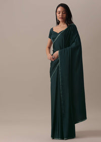 Teal Green Plain Saree And Stitched Blouse With Cut Dana Lace In Satin