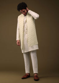 Lime Yellow Festive Textured Jacket Kurta Set With Cut Dana And Thread Embroidery In Art Silk