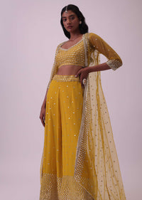 Honey Yellow Palazzo And Blouse Set In Georgette With Sequins Work