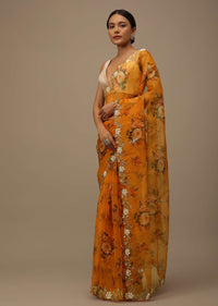 Yellow And Orange Toned Cutdana Embroidered Saree In Organza With Floral Print