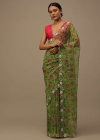 Parrot Green Cutdana Embroidered Saree In Organza With Floral Print