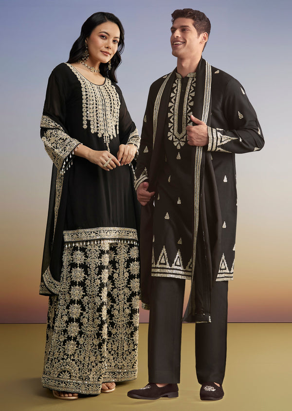 Black Zari Work Couple Set – Silk Kurta Set For Him & Georgette Palazzo Suit For Her