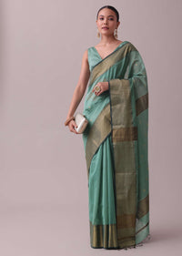 Sea Green Handloom Chanderi Silk And Cotton Saree With Zari Work