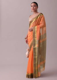 Light Orange Handloom Chanderi Silk And Cotton Saree With Zari Work