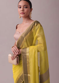 Canary Yellow Handloom Chanderi Silk And Cotton Saree With Zari Work