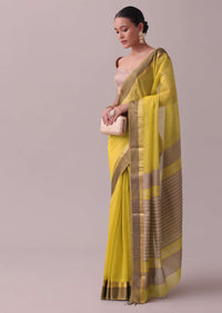 Canary Yellow Handloom Chanderi Silk And Cotton Saree With Zari Work