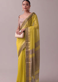 Canary Yellow Handloom Chanderi Silk And Cotton Saree With Zari Work