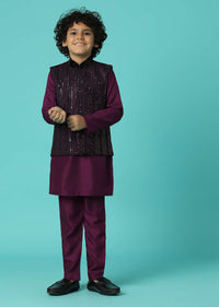 Kalki Wine Red Jacket Kurta Set In Silk With Sequins Embroidery For Boys