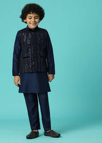 Kalki Navy Blue Jacket Kurta Set In Silk With Sequins For Boys