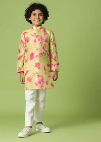 Kalki Lime Yellow Printed Kurta Set In Silk For Boys