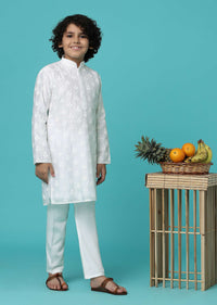 KALKI Pearl White Kurta Set With Threadwork For Boys