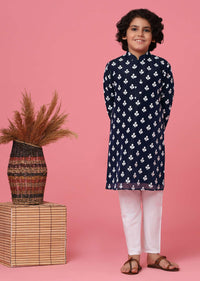 KALKI Navy Blue Kurta Set With Threadwork For Boys