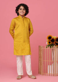 KALKI Mustard Yellow Silk Kurta Set With Embroidery For Boys