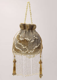 Multicolored Sequins Embroidered Raw Silk Hand Bag With Pearls And Lace