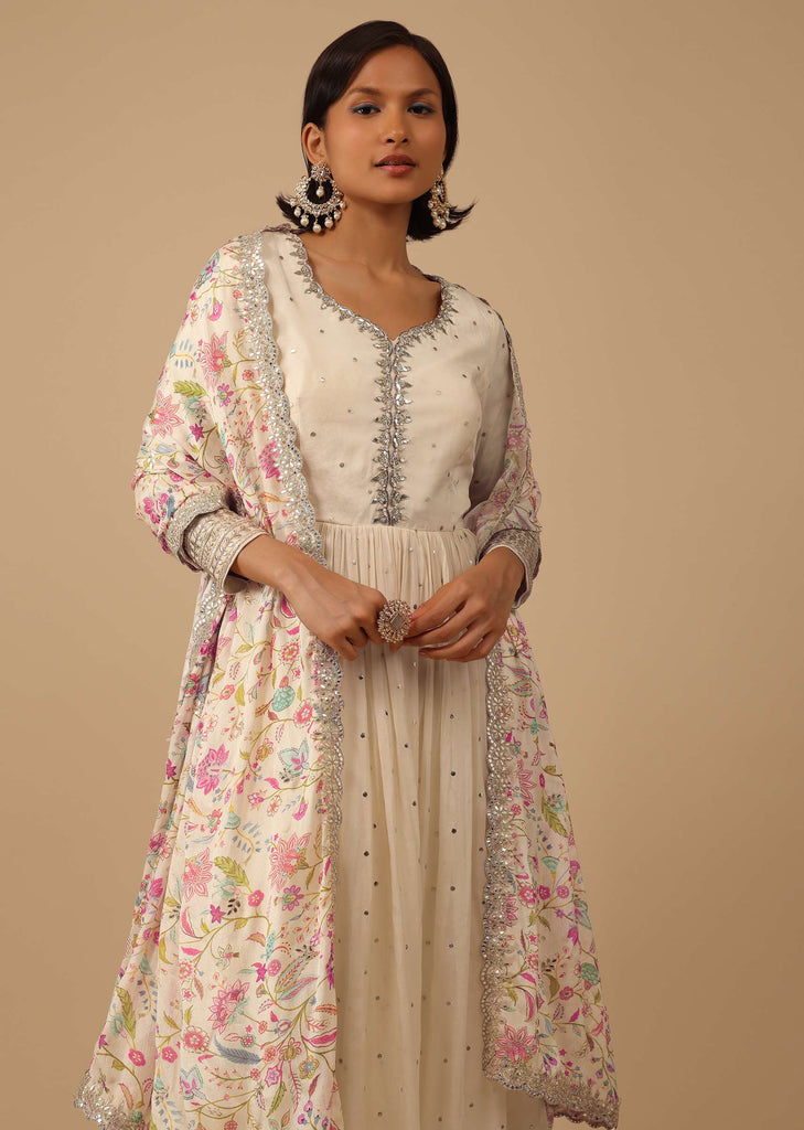 Off White Anarkali Suit Set In Organza With Multicolor Floral Embroidery