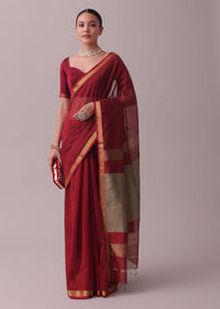 Cherry Red Handloom Chanderi Silk And Cotton Saree With Zari Work