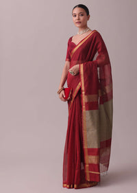 Cherry Red Handloom Chanderi Silk And Cotton Saree With Zari Work