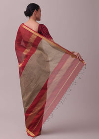 Cherry Red Handloom Chanderi Silk And Cotton Saree With Zari Work